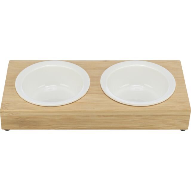 Bļoda dzīvniekiem, keramika : Trixie Bowl set, ceramic/bamboo, 2×0.25 l/ø 12cm/30×5×14 cm, white/ecru