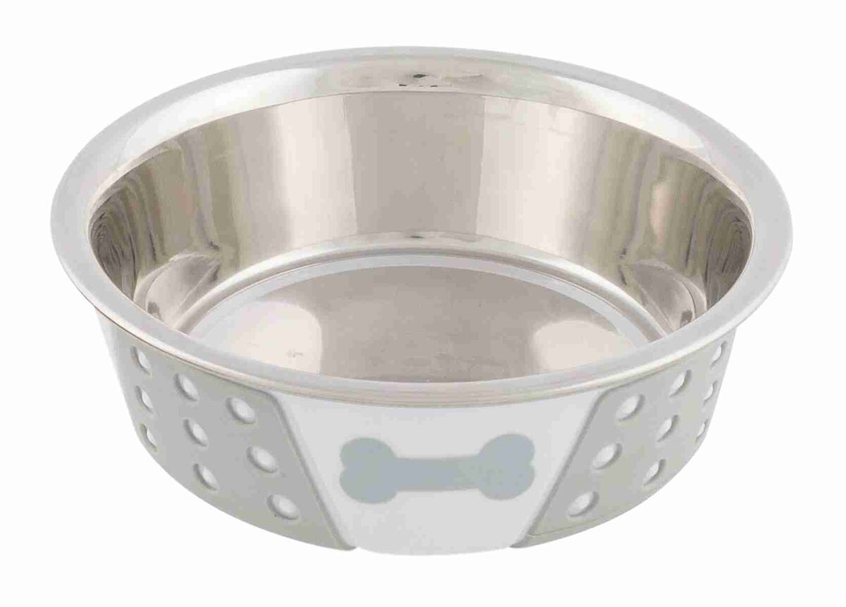 Bļoda dzīvniekiem - Trixie Stainless steel bowl with silicone, 0.4 l/ø 14 cm, white/grey