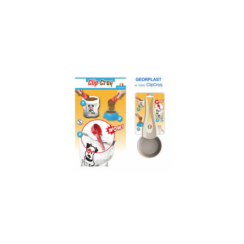 Clip-Croq scoop for pet food with integrated bag clip
