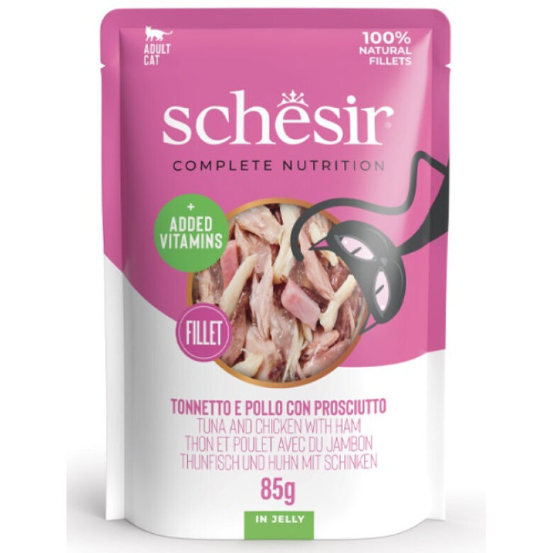 Schesir Cat Tuna and Chicken with Ham, 85g - tuncis, vistas fileja un šķiņķis želejā