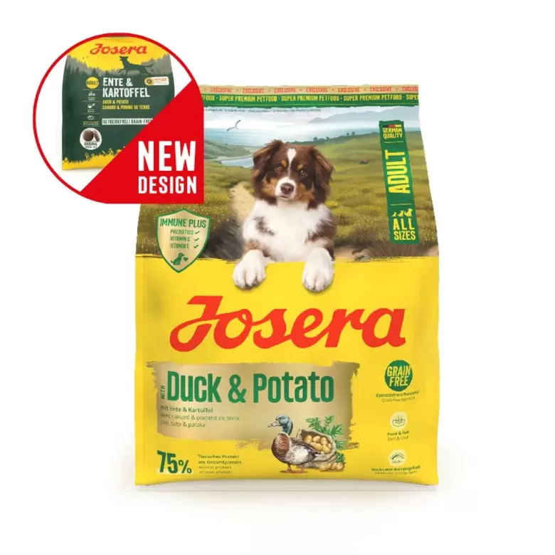Josera Duck & Potato 12,5 kg (Ente & Kartoffel) - sausā bezgraudu barība vidēji aktīviem suņiem, īpaši ar jutīgu gremošanas traktu un alerģiju pret graudaugu produktiem.