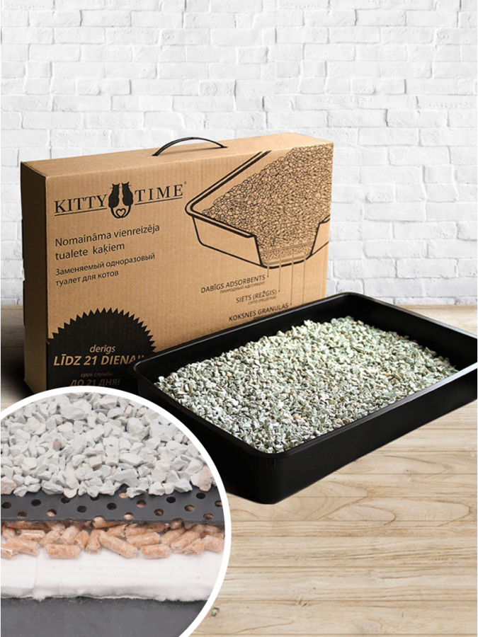 Kitty Time vienreizējās lietošanas kaķu tualete ar pildvielu, komplekts 21 dienai 3kg