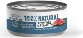 Fresh Farm CAT Shredded fillets in sauce with tuna, salmon and chicken 70 g - pilnvērtīga barība kaķiem, plucināta tunča, laša un vistu fileja gardā buljonā