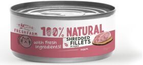 Fresh Farm CAT Shredded fillets in sauce with ham and chicken 70 g - pilnvērtīga barība kaķiem, plucināta vistu un šķiņķis gardā buljonā