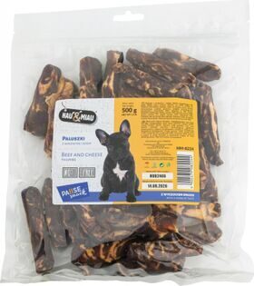 HAU & MIAU beef and chesse thumbs 500g – papildbarība pieagušiem suņiem, liellopu gaļas un siera standziņas