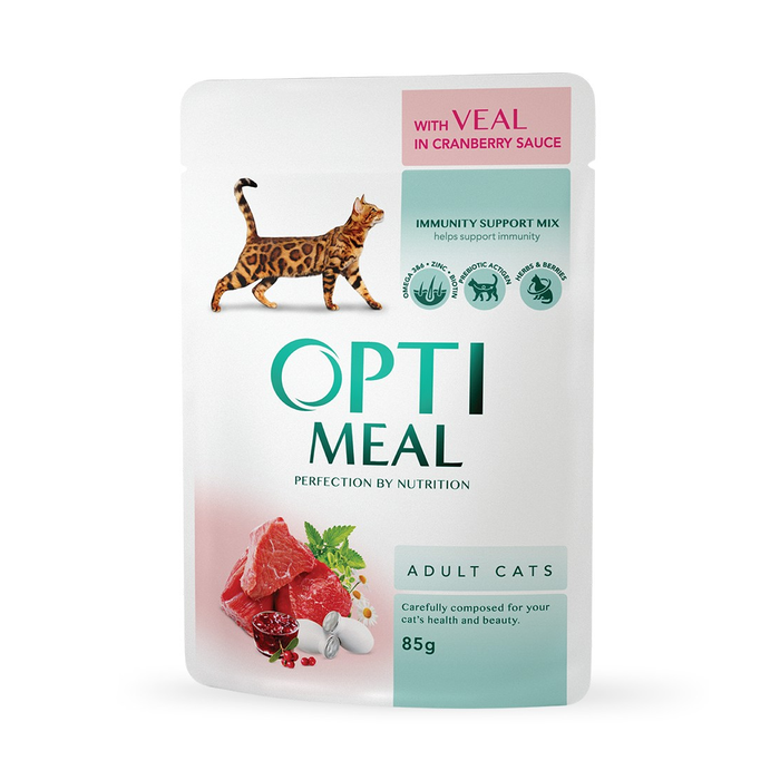 OPTIMEAL CAT with Veal in cranberry sauce 85 g - barība pieaugušiem kaķiem ar teļa gaļu dzērveņu mērcē 
