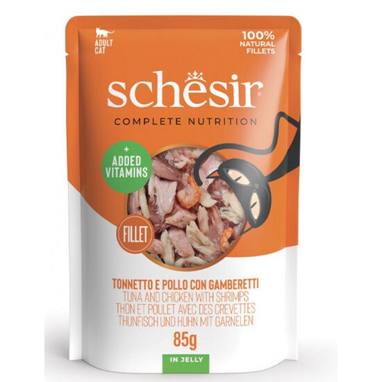 Schesir Cat Tuna, Chicken and Schrimps, 85g - tuncis, vista un garneles želejā