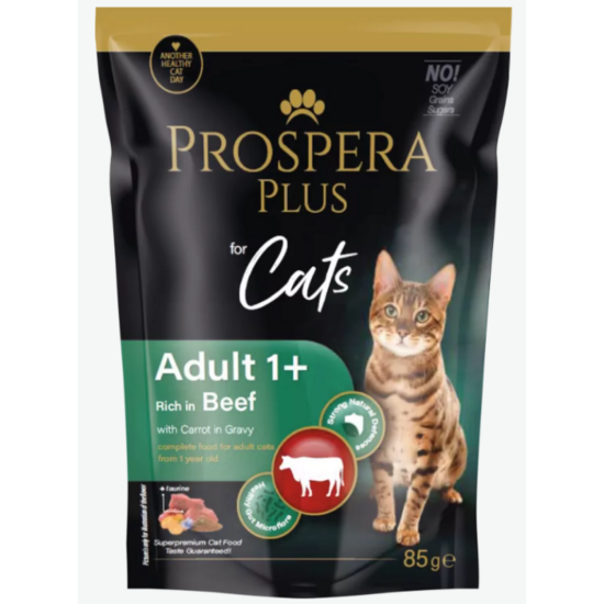 Консервы для кошек — Prospera Plus, Cat Pouch Adult 1+, Beef and Carrot, 85 г