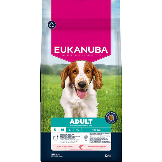 Сухой корм для собак — Eukanuba Adult Small and Medium, лосось и ячмень 12 кг   Код товара: 113334