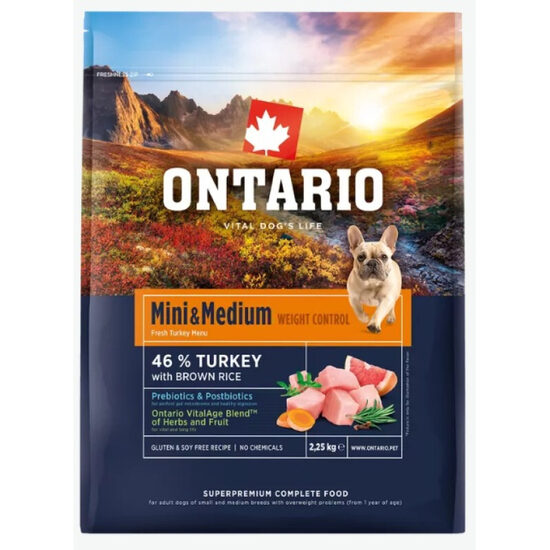 Ontario Mini and Medium, Weight Control, Turkey and Brown Rice, 2,25 kg
