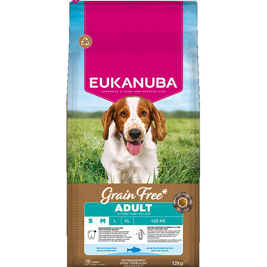 Сухой корм для собак — Eukanuba Adult Small and Medium GRAIN FREE Ocean Fish, 12 кг  Код товара: 113449