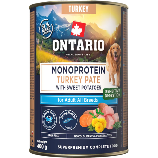 Консервы для собак — Ontario Adult canned food, монопротеиновый паштет из индейки с бататом, 400 г