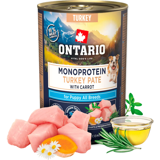 Консервы для щенков — Ontario Dog Puppy canned food, монопротеиновый паштет из индейки с морковью, 400 г