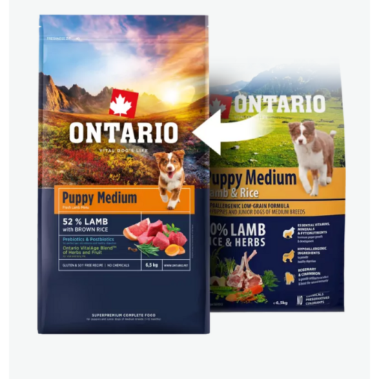 Barība kucēniem – Ontario Puppy Medium, Lamb and Brown Rice, 2,25 kg