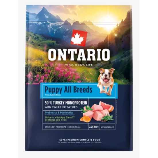Barība kucēniem – Ontario Puppy and Junior All Breeds, Monoprotein, Turkey and Sweet Potatoes, 6,5 kg