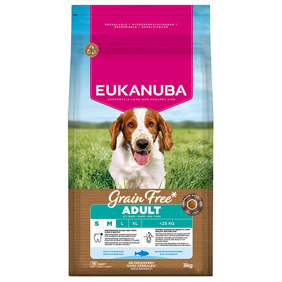 Сухой корм для собак — Eukanuba Adult Small and Medium GRAIN FREE Ocean Fish, 3 кг  Код товара: 113670