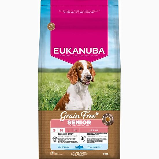 Сухой корм для собак — Eukanuba Senior Small & Medium Grain Free Ocean Fish, 3 кг  Код товара: 113672