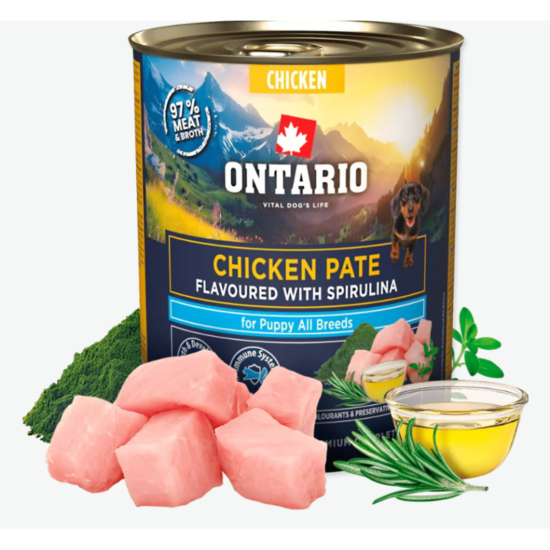 Konservi kucēniem – Ontario Puppy Chicken Pate Flavoured with Spirulina, 800 g