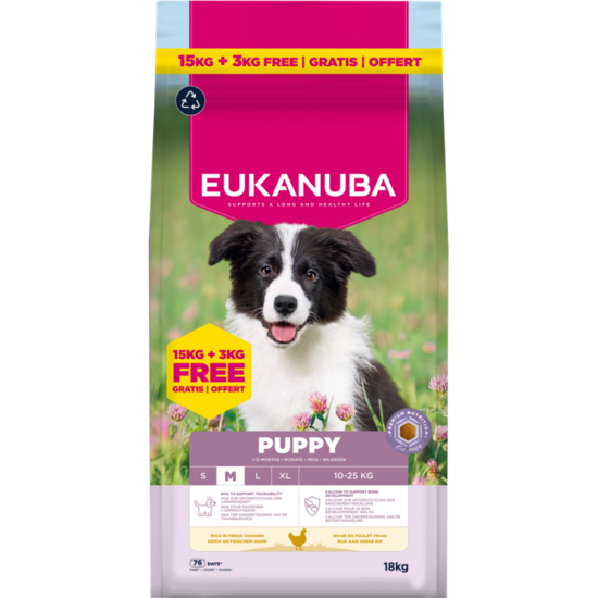 Сухой корм для щенков — Eukanuba Puppy Medium Chicken, 15+3 кг  Код товара: 113951