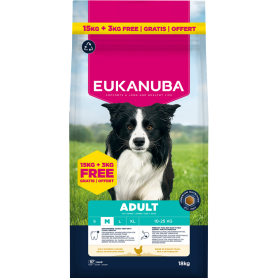 Сухой корм для собак — Eukanuba Adult Medium Chicken, 15+3 кг  Код товара: 113952