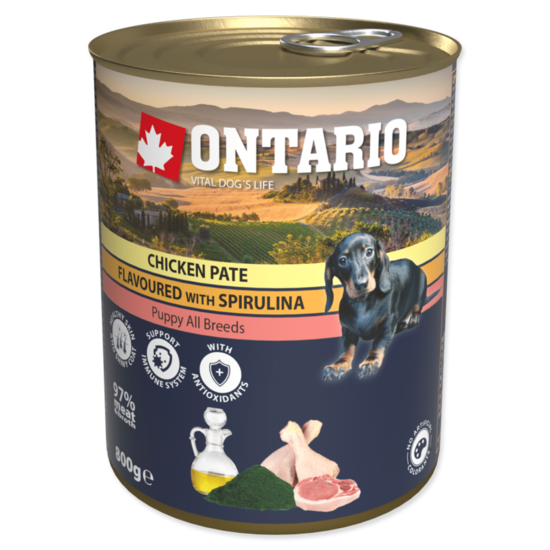 Konservi kucēniem - Ontario Dog Puppy Chicken Pate, Spirulina, Salmon oil 800 gr
