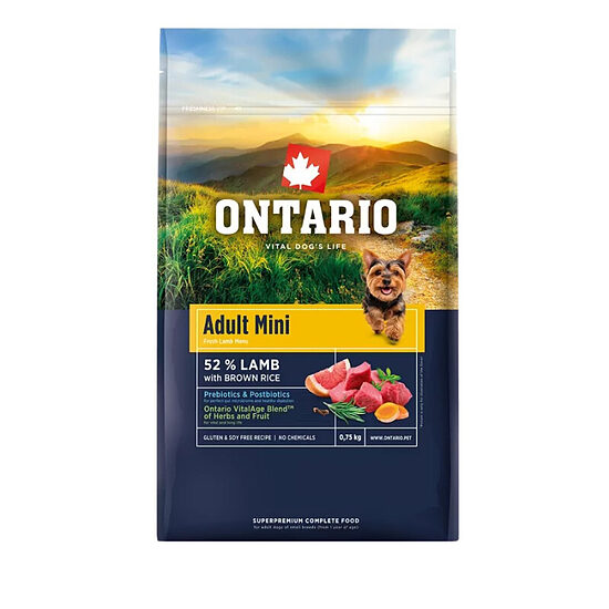 Sausa barība suņiem – Ontario Adult Mini, Lamb and Brown Rice, 0,75 kg