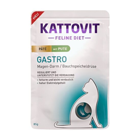 KATTOVIT Gastro Pate Pute 85g - pastēte ar tītaru gremošanas traucējumu kompensēšanai un aizkuņģa dziedzera nepietiekamības atbalstam