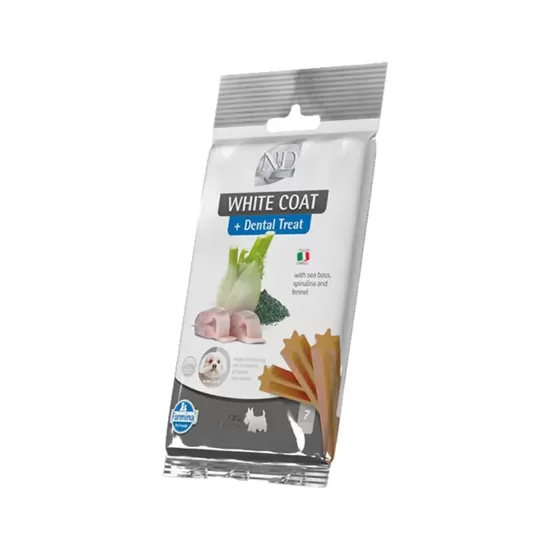 N&D DOG TREAT DENTAL SEABASS WHITE COAT Mini 60g -  zobu higiēnas bezgraudu kārums suņiem baltā apmatojuma uzturēšanai. Ar jūras asariem, spirulīnu un fenheli.