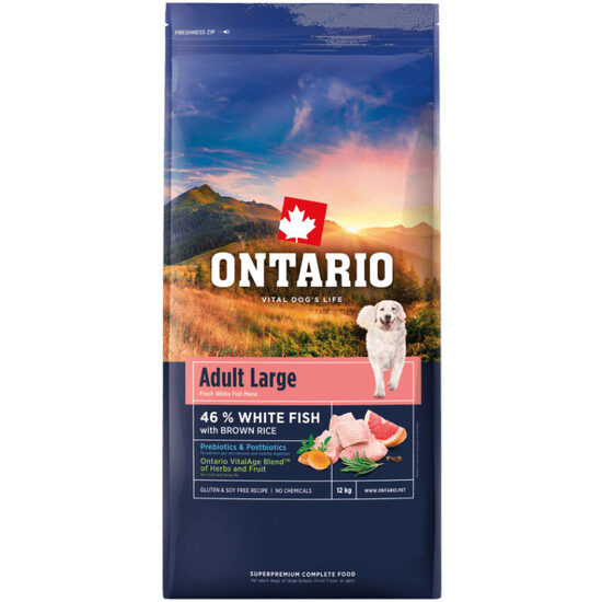 Ontario Adult Large, Fish and Brown Rice, 12 kg- сухой корм с рыбой и рисом для взрослых собак крупных пород в возрасте от 2 до 8 лет