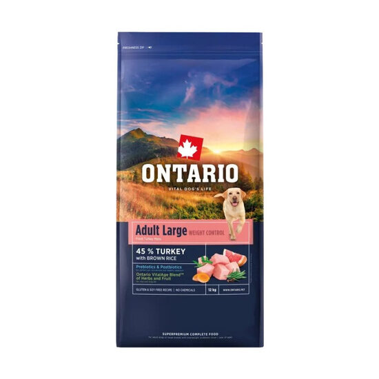 Ontario Large, Weight Control, Turkey and Brown Rice, 12 kg  - сухой корм с мясом индейки для взрослых собак крупных пород с избыточным весом
