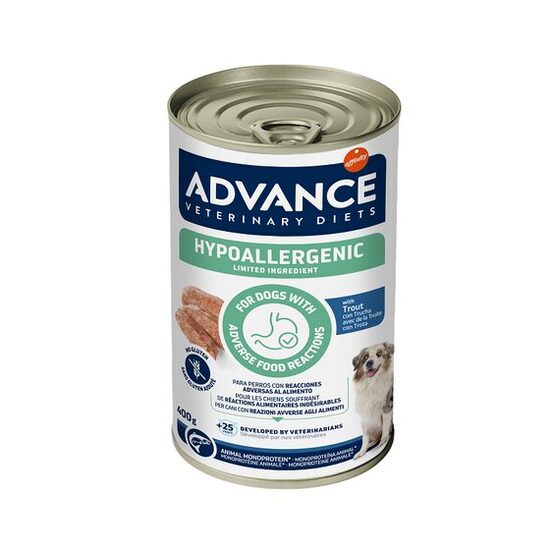 ADVANCE VETERINARY DIET DOG HYPOALLERGENIC TROUT 400G - KONSERVI SUŅIEM AR BARĪBAS NEPANESĪBU UN ALERĢIJĀM