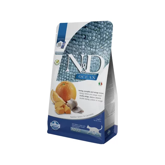 N&D CAT OCEAN PUMPKIN HERRING ORANGE 5kg - bezgraudu barība pieaugušiem kaķiem ar siļķi, ķirbi un apelsīniem