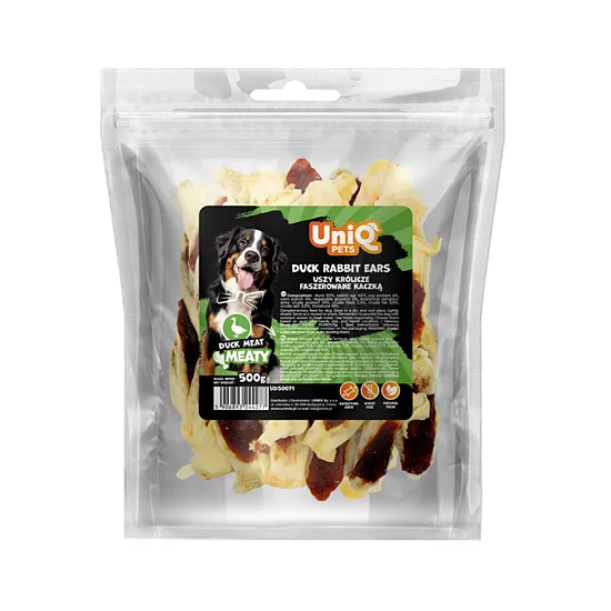 UNIQ PETS DOG SNACKS MEATY duck rabbit ears - gardums suņiem, trušu ausis pildītas ar pīles gaļu 500g