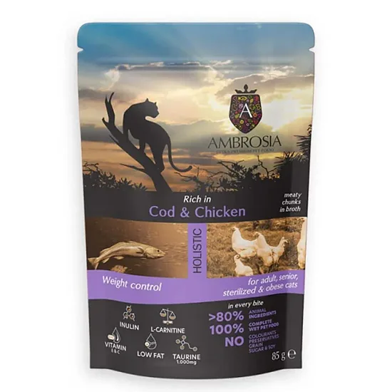 Ambrosia Grain Free Wet Food Cat Adult & Sterilized Cod & Chicken Weight Control - mitrā barība sterilizētiem kaķiem svara kontrolei ar mencu un vistu 85 g