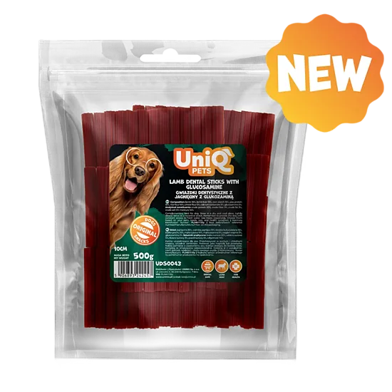 UNIQ PETS DOG SNACKS DENTAL lamb dental sticks with glucosamine 15cm - gardums suņiem jēra gaļas zobu kociņi ar glikozamīnu 500g