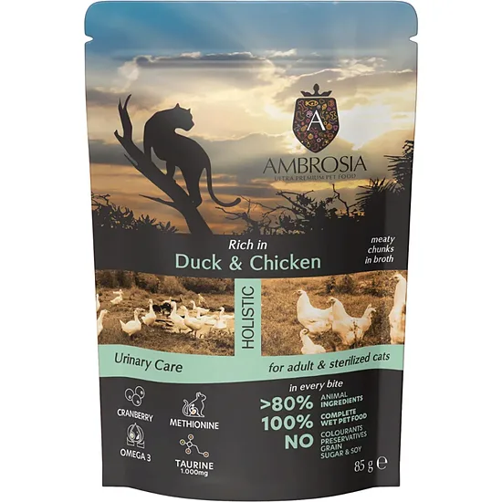 Ambrosia Grain Free Wet Food Cat Adult Sterilized Duck & Chicken - мitrā barība sterilizētiem pieaugušiem kaķiem ar pīli un vistu 85g