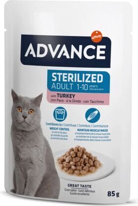 Advance Cat Sterilized Turkey 85g -  mitrā barība sterilizētiem pieaugušiem kaķiem. Ar tītaru.