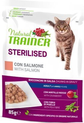 NATURAL TRAINER Sterilised Salmon 85g - konservi sterilizētiem pieaugušiem kaķiem