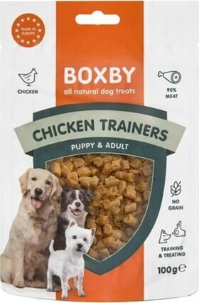 BOXBY CHICKEN TRAINERS 100G - UZKODAS KUCĒNIEM UN PIEAUGUŠIEM SUŅIEM (100% VISTA)