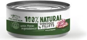 Fresh Farm CAT Shredded fillets in sauce with wild boar and chicken 70 g - pilnvērtīga barība kaķiem, konservi, plucināta meža cukas un vistu fileja gardā buljonā