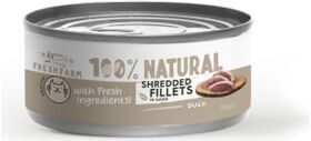 Fresh Farm CAT Shredded fillets in sauce with duck and chicken 70 g - barība kaķiem, plucināta vistu un cūkgaļas fileja gardā buljonā