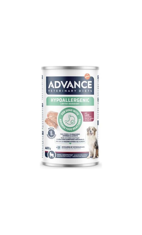 ADVANCE VETERINARY DIET DOG HYPOALLERGENIC LAMB 400G - KONSERVI SUŅIEM AR BARĪBAS NEPANESĪBU UN ALERĢIJĀM