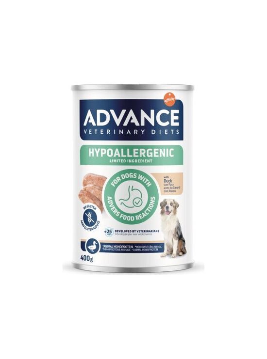 ADVANCE VETERINARY DIET DOG HYPOALLERGENIC DUCK 400G - KONSERVI SUŅIEM AR BARĪBAS NEPANESĪBU UN ALERĢIJĀM
