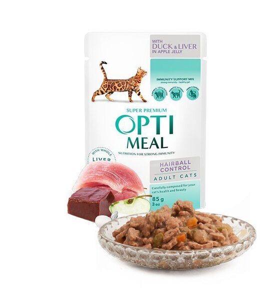 Optimeal Hairball Control with Duck&Liver in apple jelly 85g – konservi kaķiem ar spalvu kamolu kontroli 