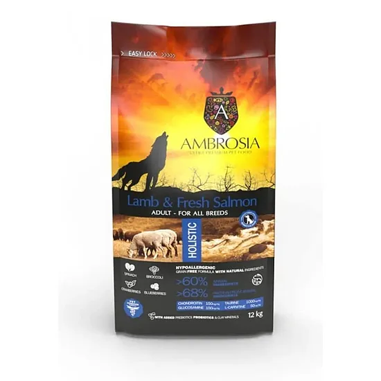 Ambrosia Беззерновой корм с ягнёнком и свежим лососем для взрослых собак всех пород 12 кг