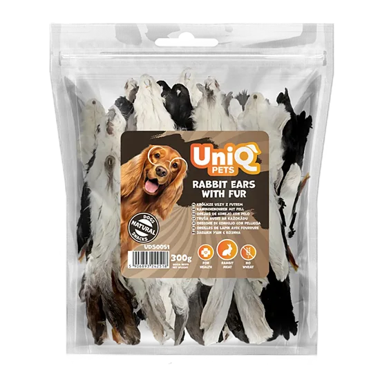 UNIQ PETS dog snacks rabbit ears with fur - Gardums suņiem trušu ausis ar spalvu 300g