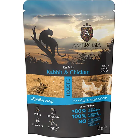 Ambrosia Grain Free Wet Food Cat Adult Sterilized Rabbit & Chicken - мitrā barība sterilizētiem pieaugušiem kaķiem ar trušiem un vistu 85g
