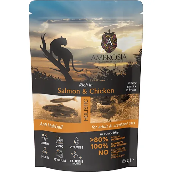 Ambrosia Grain Free Wet Food Cat Adult Sterilized Salmon & Chicken - мitrā barība sterilizētiem pieaugušiem kaķiem ar lasi un vistu 85g