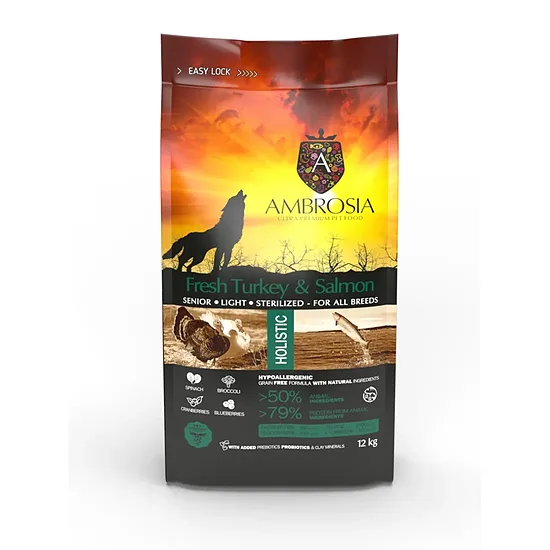 Ambrosia Беззерновой корм с индейкой и лососем для пожилых/лёгких/стерилизованных собак всех пород 12 кг