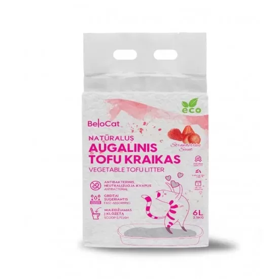 BeloCat Tofu Clumping Cat Litter Strawberry 6L - dabīgi granulēti kaķu pakaiši ar kukurūzas cieti un sojas šķiedrām ar zemeņu aromātu 